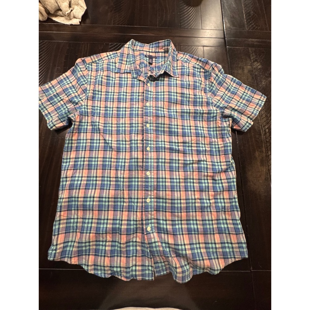 Gap Mens XXL Slim Fit Short Sleeve Plaid Button Down Shirt Blue Pink Multi